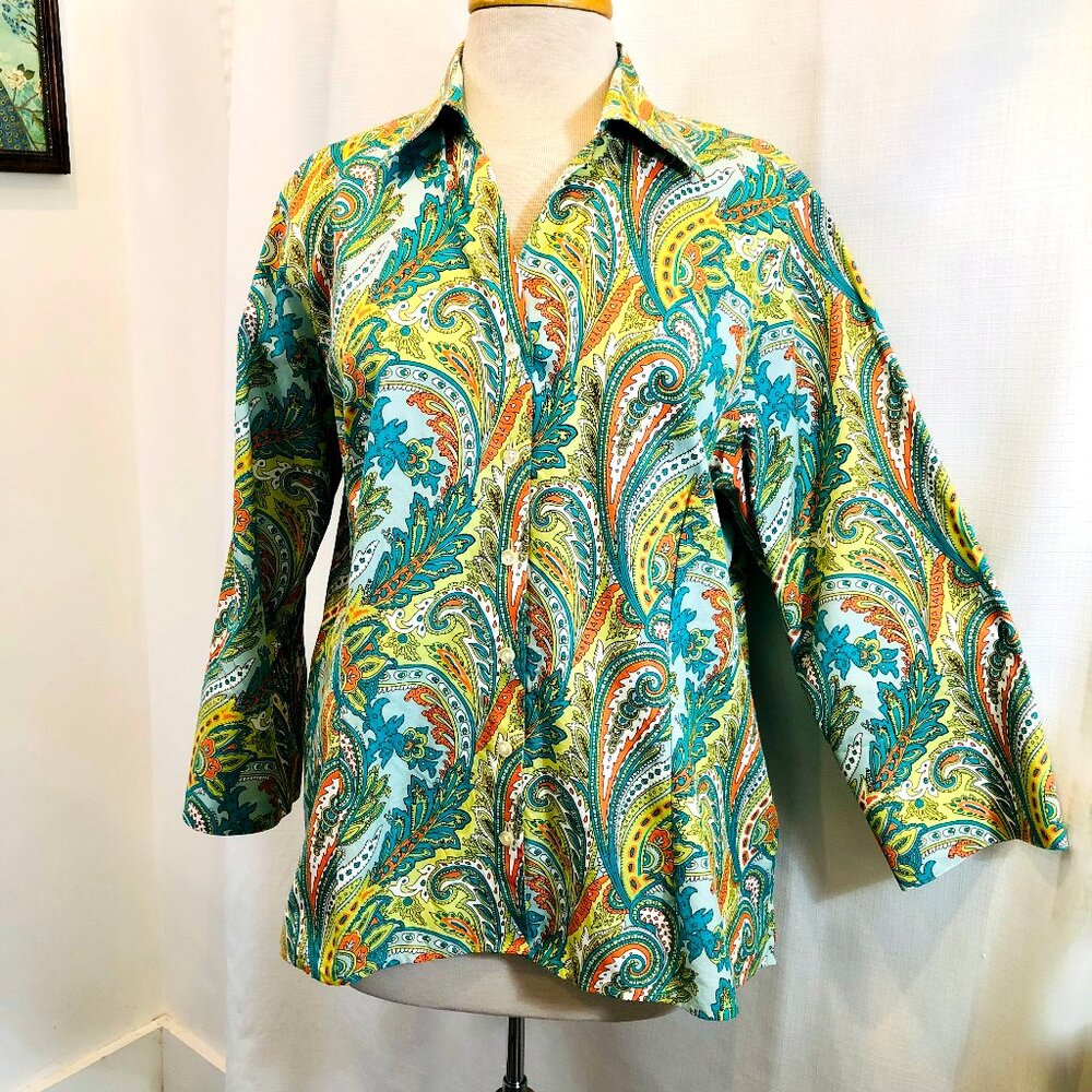 Lands' End Paisley PrintShirt No Iron Pinpoint Oxford Button Front Print Sz 18